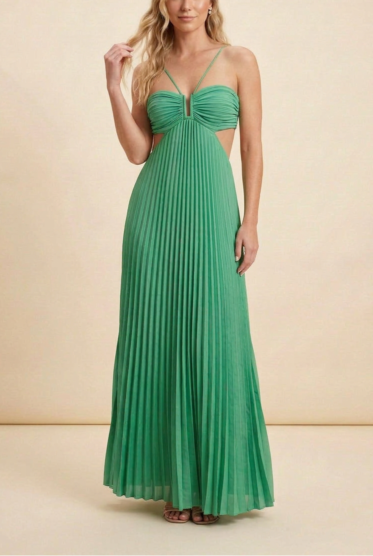 Elegant Pleated Halter Cut Out Maxi Dress - Wedding Guest