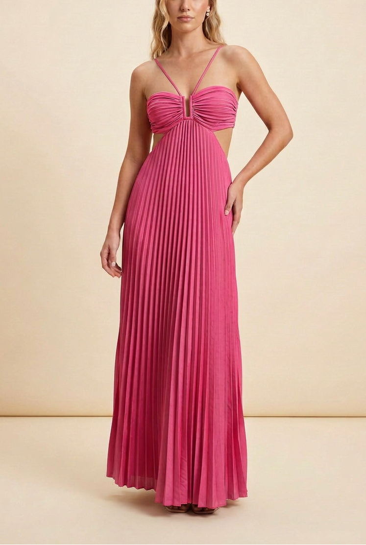 Elegant Pleated Halter Cut Out Maxi Dress - Wedding Guest