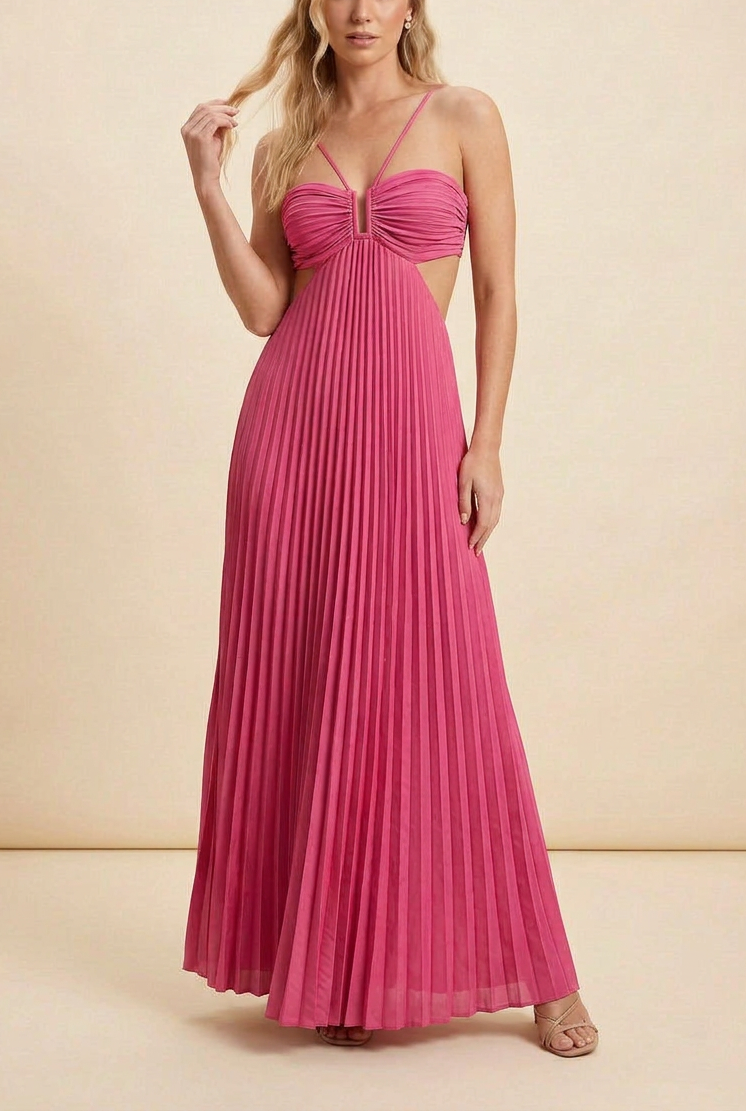 Elegant Pleated Halter Cut Out Maxi Dress - Wedding Guest