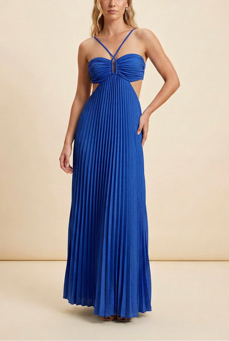 Elegant Pleated Halter Cut Out Maxi Dress - Wedding Guest