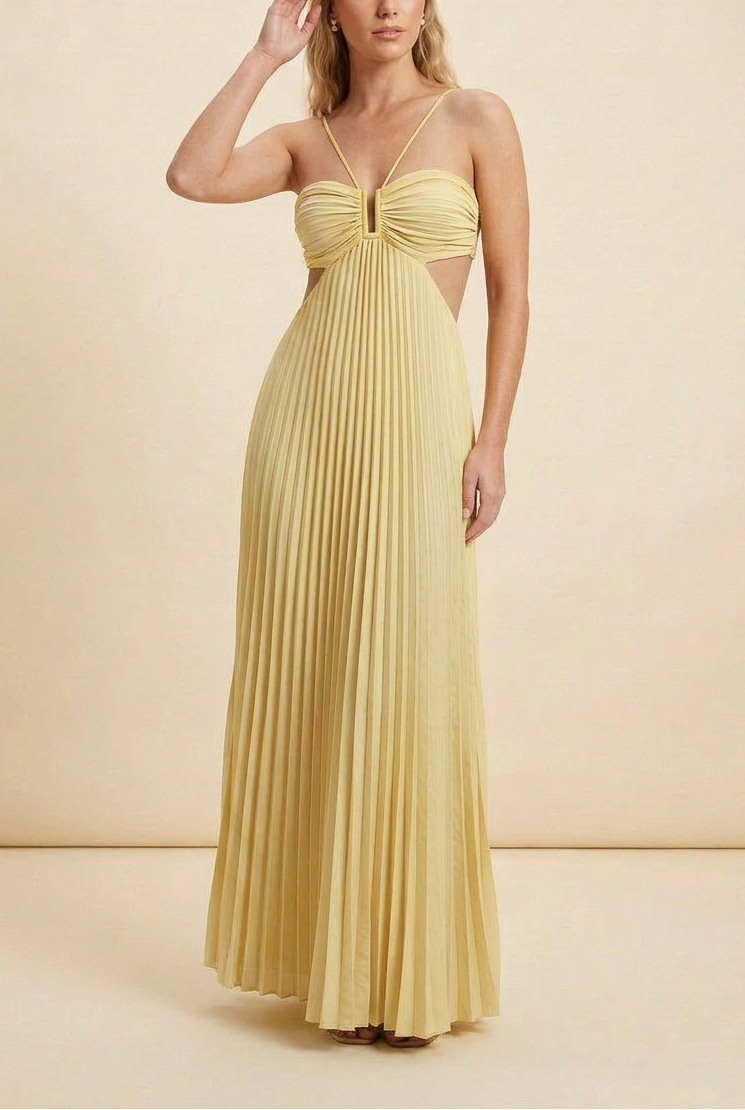Elegant Pleated Halter Cut Out Maxi Dress - Wedding Guest