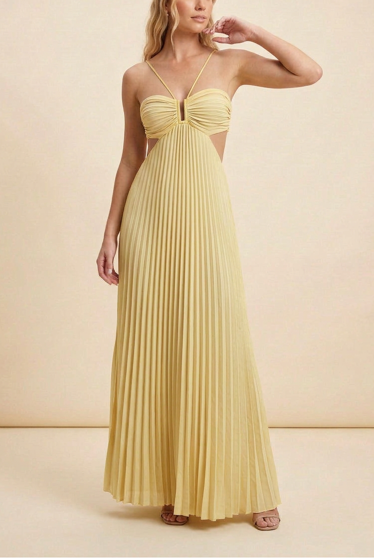 Elegant Pleated Halter Cut Out Maxi Dress - Wedding Guest