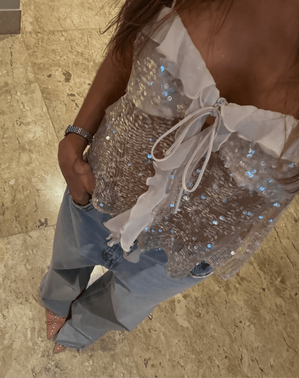 Sequin Embellished Ruffle Trim Tie Front Going Out Top