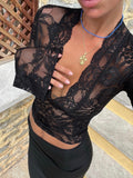 Sheer Lace Floral V Neck Long Sleeve Cropped Going Out Top