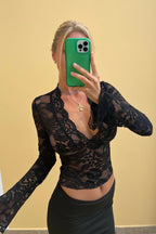 Sheer Lace Floral V Neck Long Sleeve Cropped Going Out Top