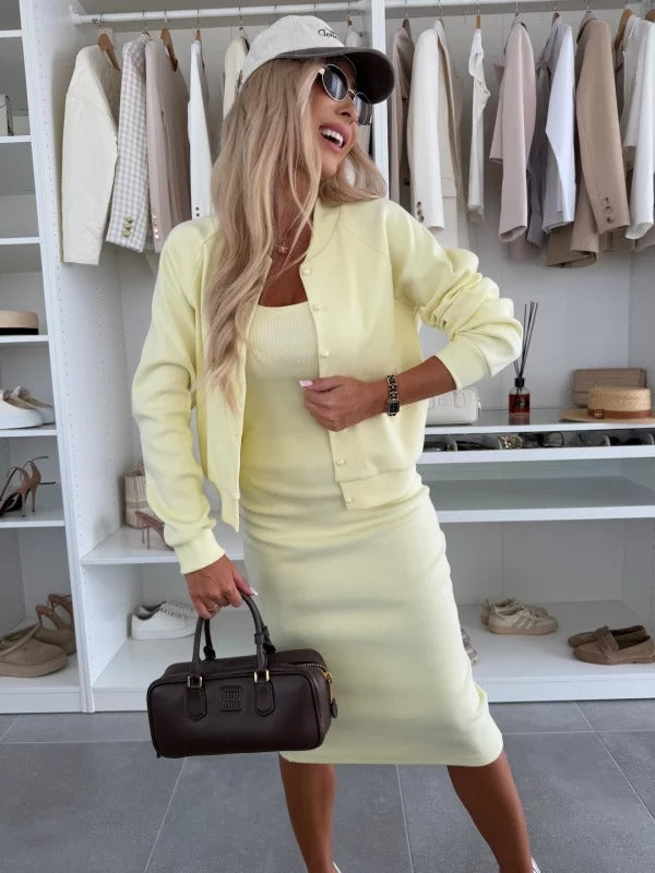 Ribbed Knit Cardigan and Bodycon Midi Dress Matching Set