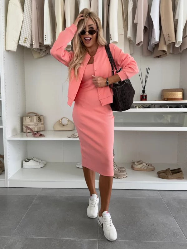 Ribbed Knit Cardigan and Bodycon Midi Dress Matching Set