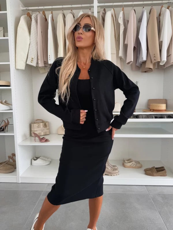 Ribbed Knit Cardigan and Bodycon Midi Dress Matching Set