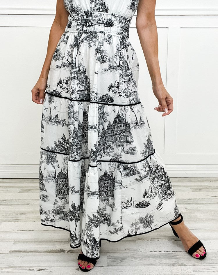 Toile Print Puff Sleeve Elasticated Waist Tiered Maxi Dress