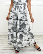 Toile Print Puff Sleeve Elasticated Waist Tiered Maxi Dress