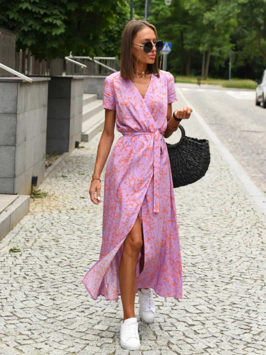 Floral Wrap Tie Waist Short Sleeve Asymmetric Midi Dress