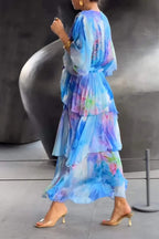 Watercolour Tiered Chiffon V Neck Flowy Maxi Dresses