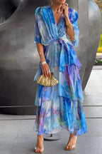 Watercolour Tiered Chiffon V Neck Flowy Maxi Dresses