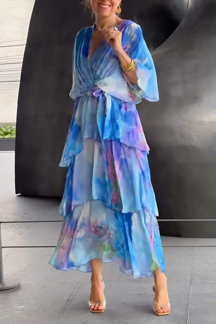 Watercolour Tiered Chiffon V Neck Flowy Maxi Dresses