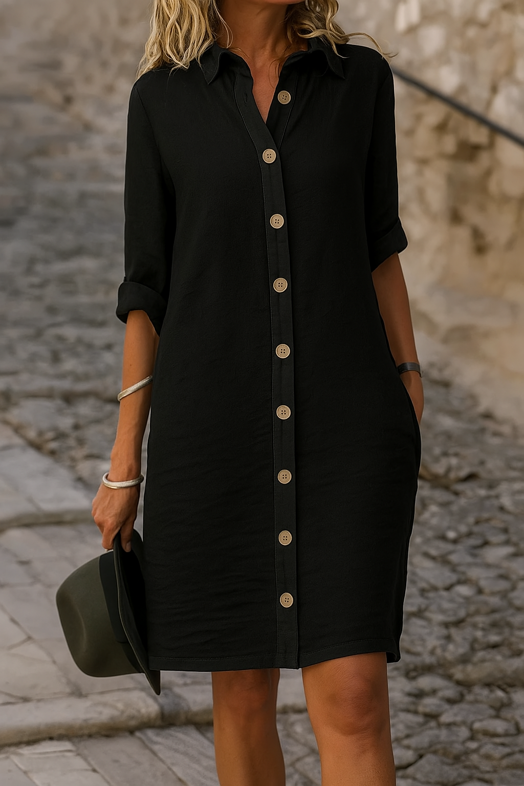 Linen Collared Roll Tab Sleeve Button Front Casual Shirt Dress