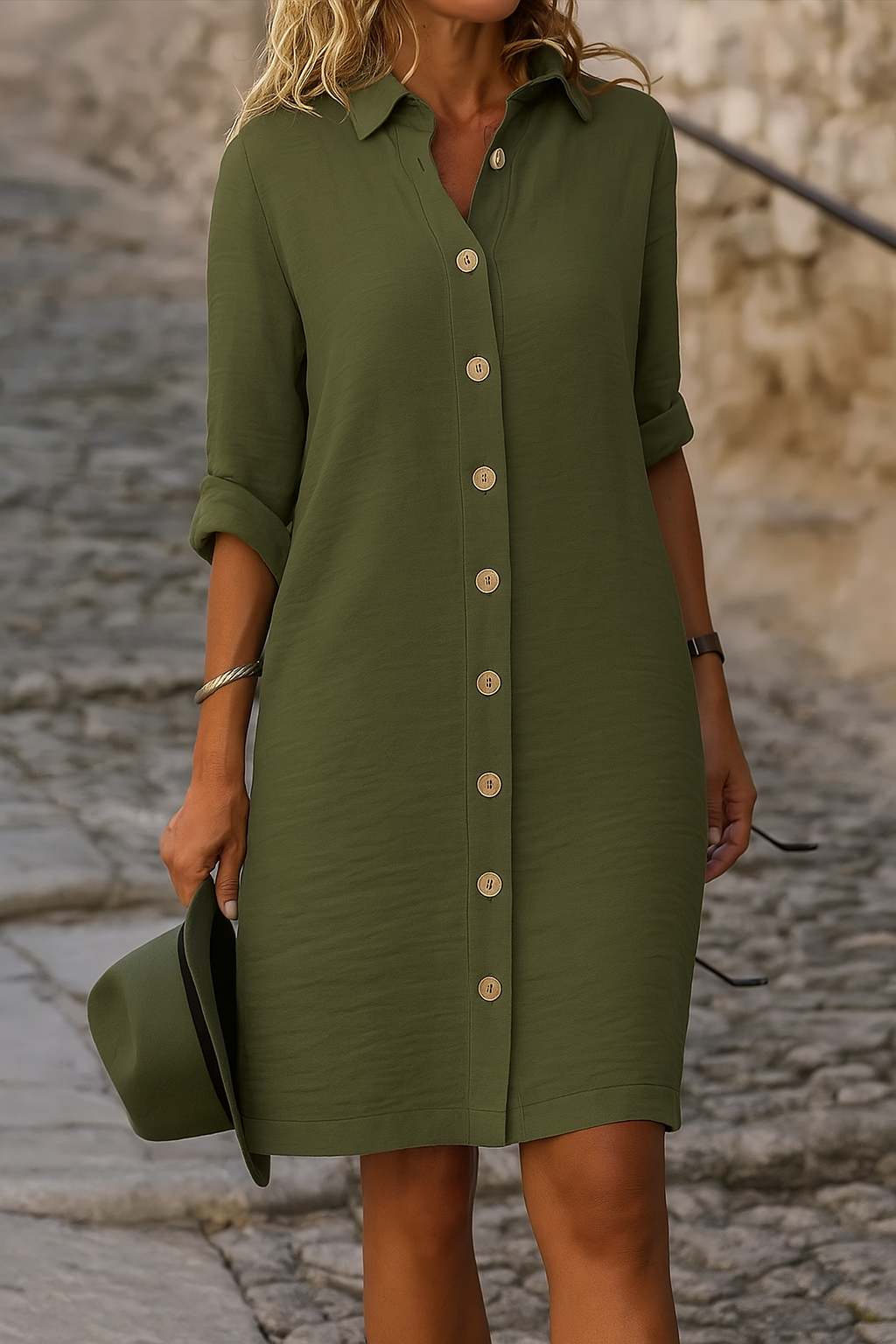 Linen Collared Roll Tab Sleeve Button Front Casual Shirt Dress