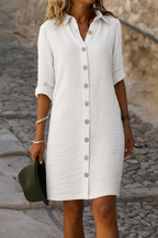 Linen Collared Roll Tab Sleeve Button Front Casual Shirt Dress