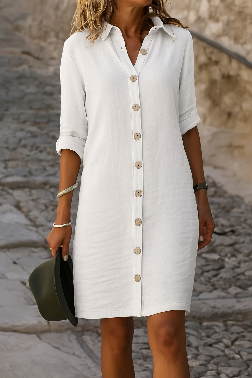 Linen Collared Roll Tab Sleeve Button Front Casual Shirt Dress