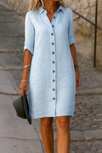 Linen Collared Roll Tab Sleeve Button Front Casual Shirt Dress