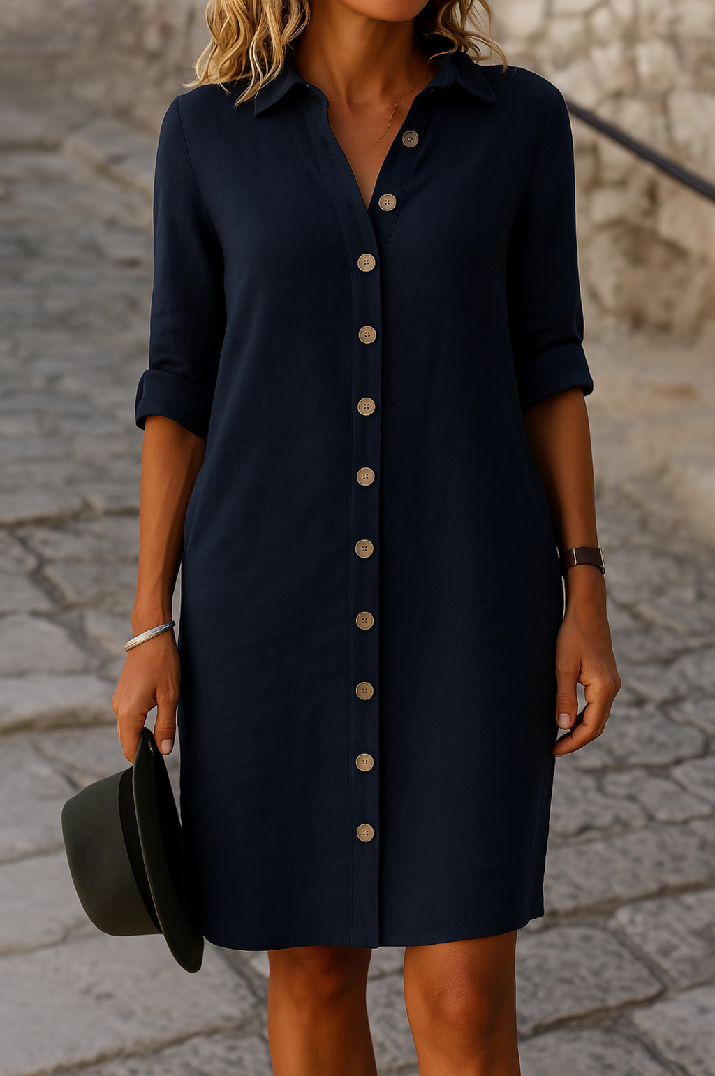 Linen Collared Roll Tab Sleeve Button Front Casual Shirt Dress