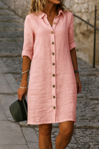 Linen Collared Roll Tab Sleeve Button Front Casual Shirt Dress
