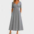 Crossover V-Neck Ruched Waist A Line Casual Midi Dress