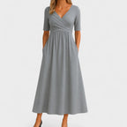 Crossover V-Neck Ruched Waist A Line Casual Midi Dress