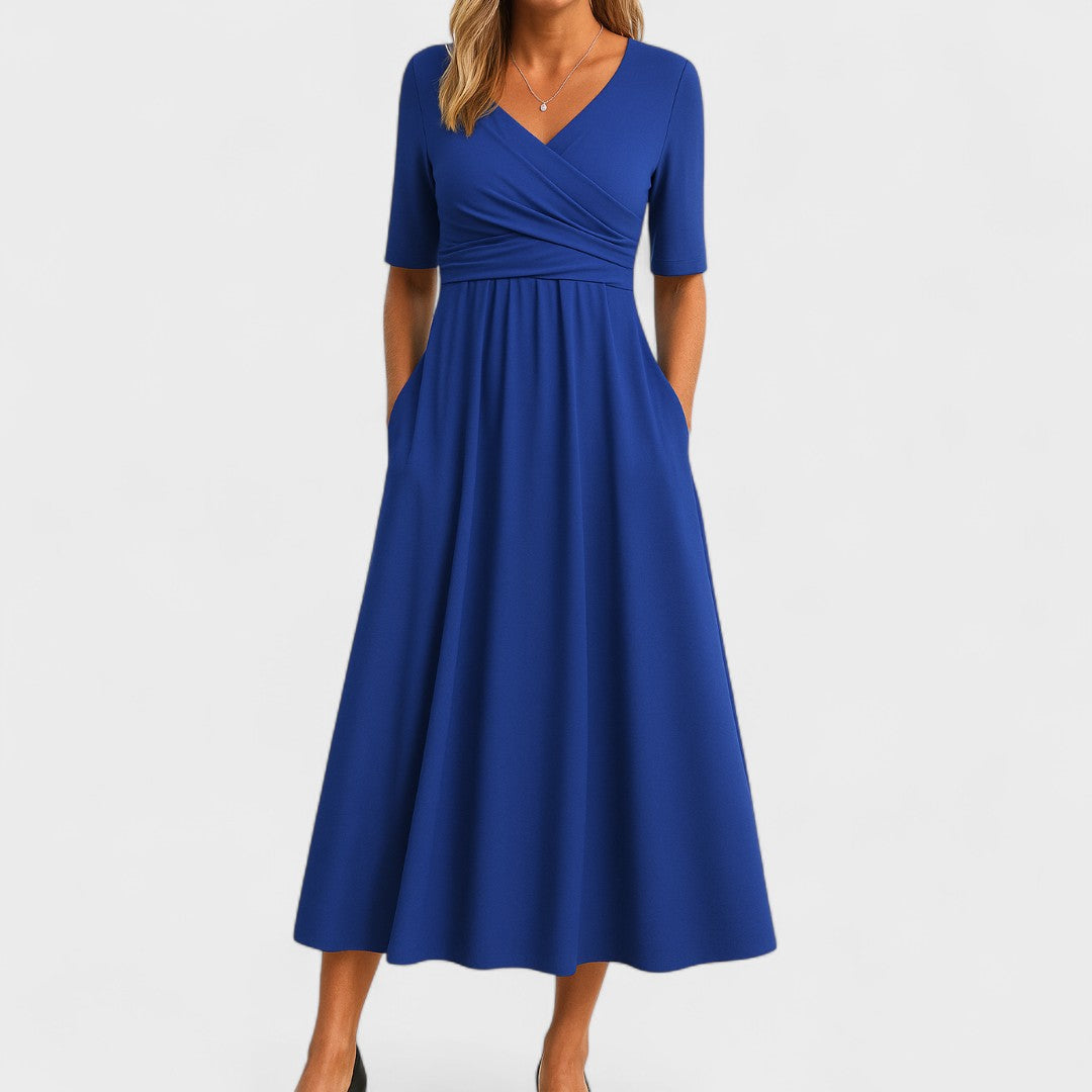 Crossover V-Neck Ruched Waist A Line Casual Midi Dress