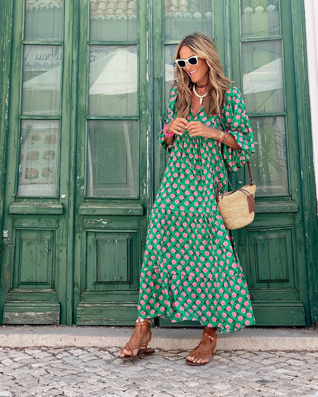 Geometric Print Button Front Tiered Boho Maxi Dress