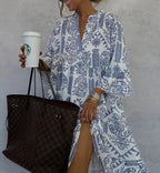 Geometric Floral Print V Neck Long Sleeve Tiered Smock Dress