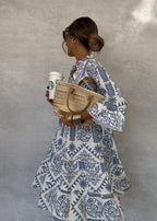 Geometric Floral Print V Neck Long Sleeve Tiered Smock Dress