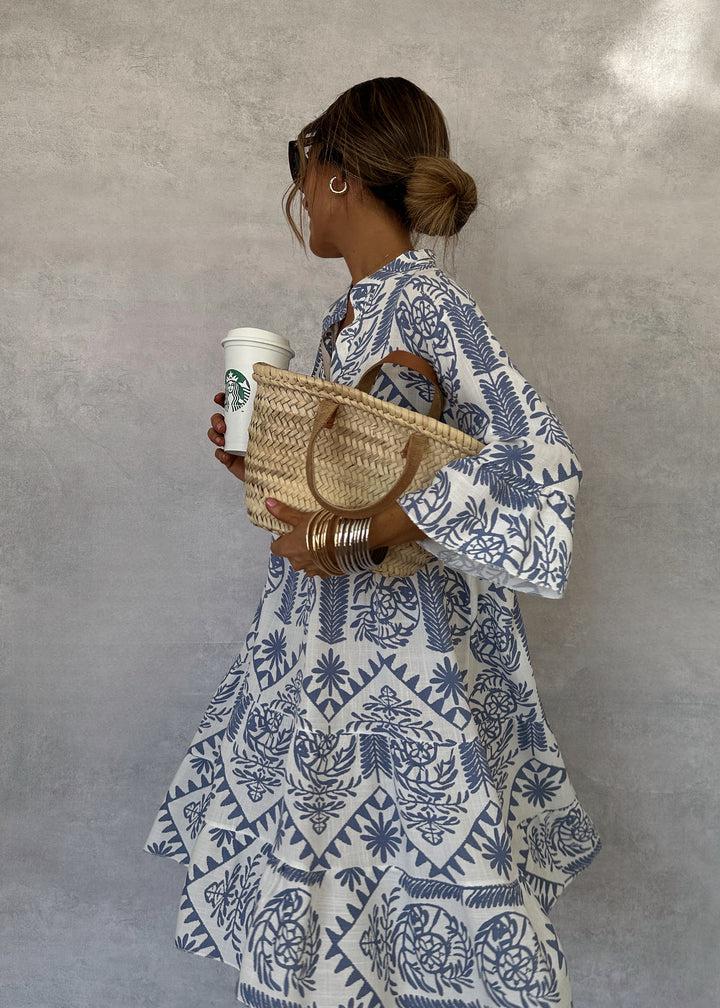 Geometric Floral Print V Neck Long Sleeve Tiered Smock Dress