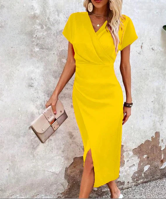 Wrap V Neck Short Sleeve Split Hem Bodycon Midi Dress