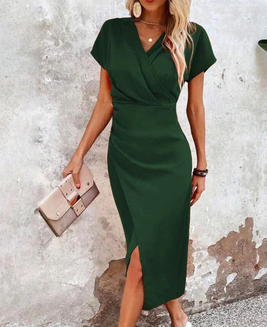 Wrap V Neck Short Sleeve Split Hem Bodycon Midi Dress
