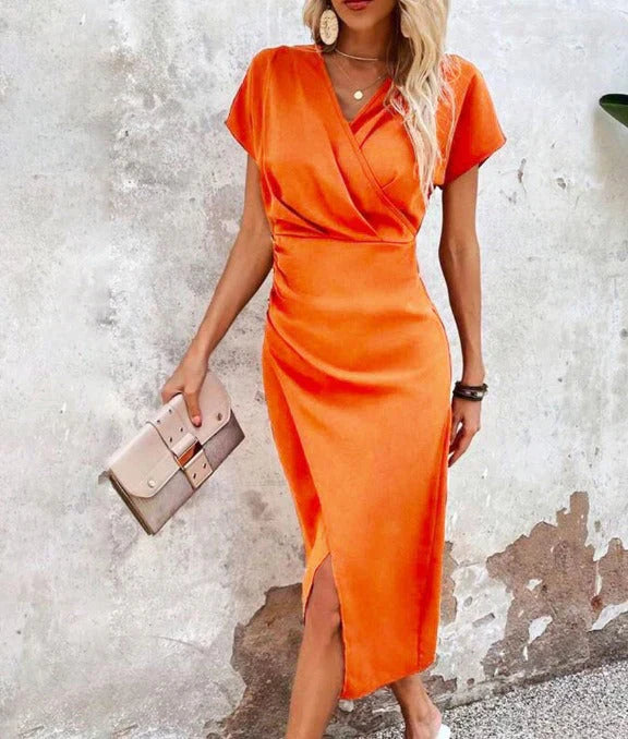 Wrap V Neck Short Sleeve Split Hem Bodycon Midi Dress