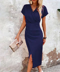 Wrap V Neck Short Sleeve Split Hem Bodycon Midi Dress