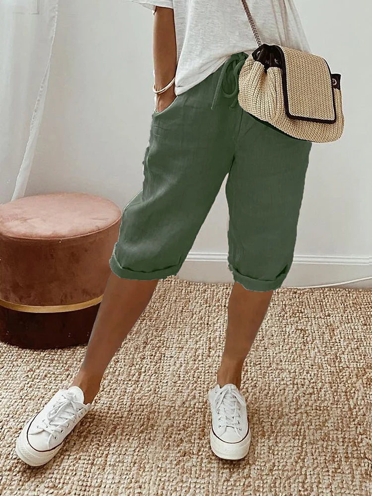Drawstring Waist Roll Hem Cotton Casual Capri Pant