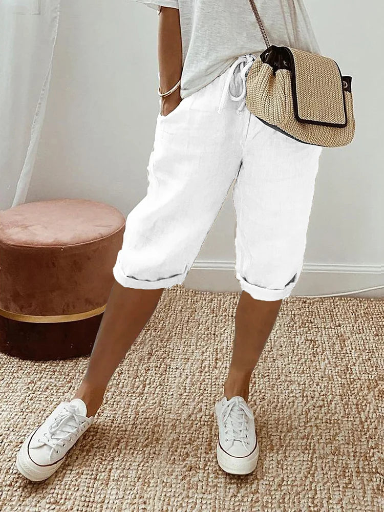 Drawstring Waist Roll Hem Cotton Casual Capri Pant
