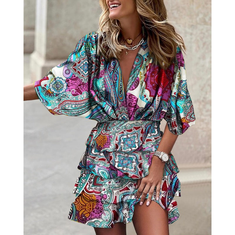 Abstract Print Smocked Waist Tiered Ruffle Mini Dresses