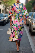 Painterly Floral Puff Sleeve A Line Midi Dress - Wedding Guest
