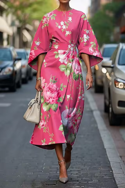 Painterly Floral Puff Sleeve A Line Midi Dress - Wedding Guest