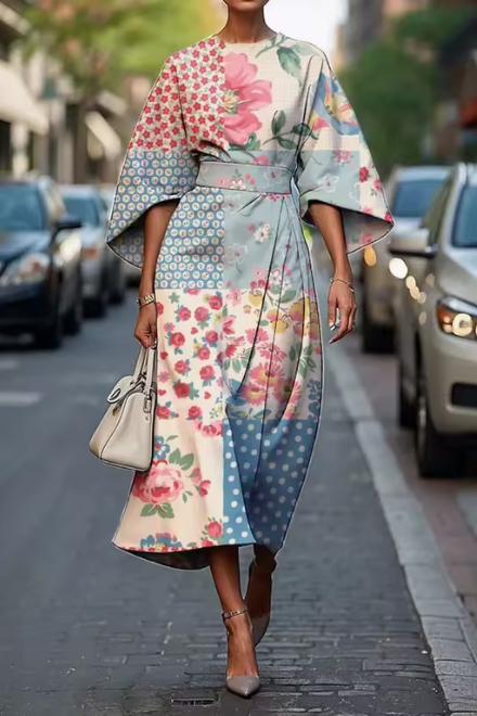 Painterly Floral Puff Sleeve A Line Midi Dress - Wedding Guest