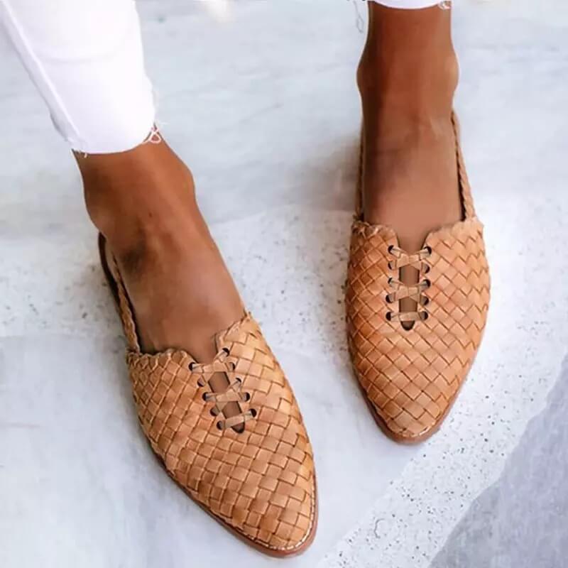 Woven Leather Pointed Toe Lace Up Flat Loafer