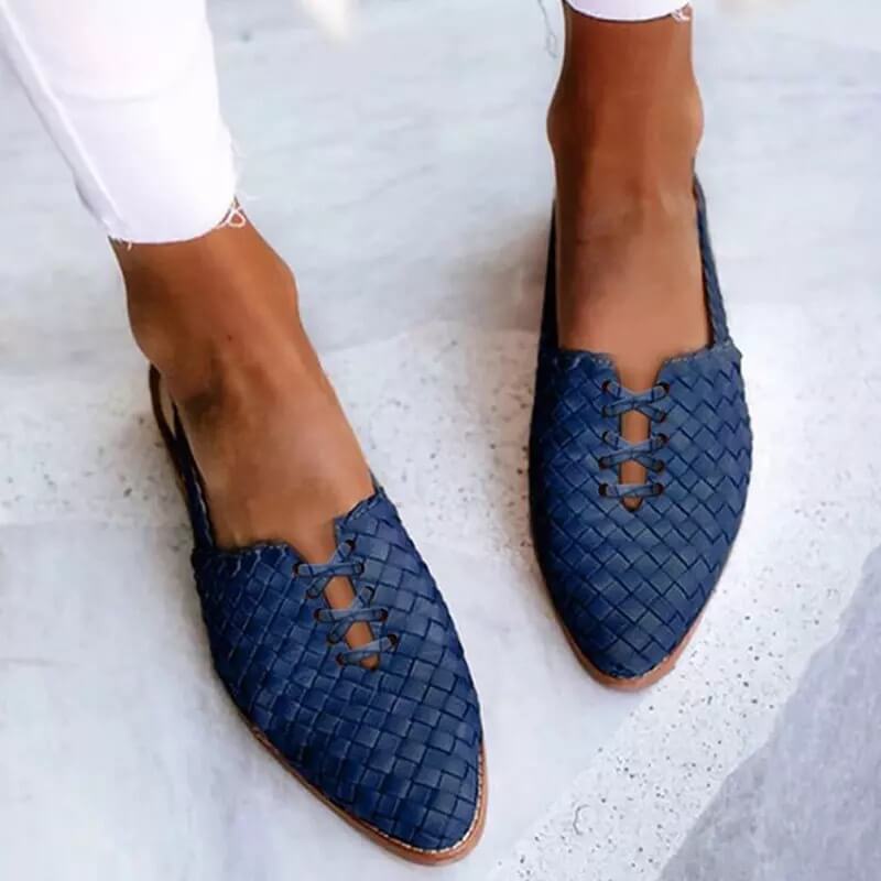 Woven Leather Pointed Toe Lace Up Flat Loafer