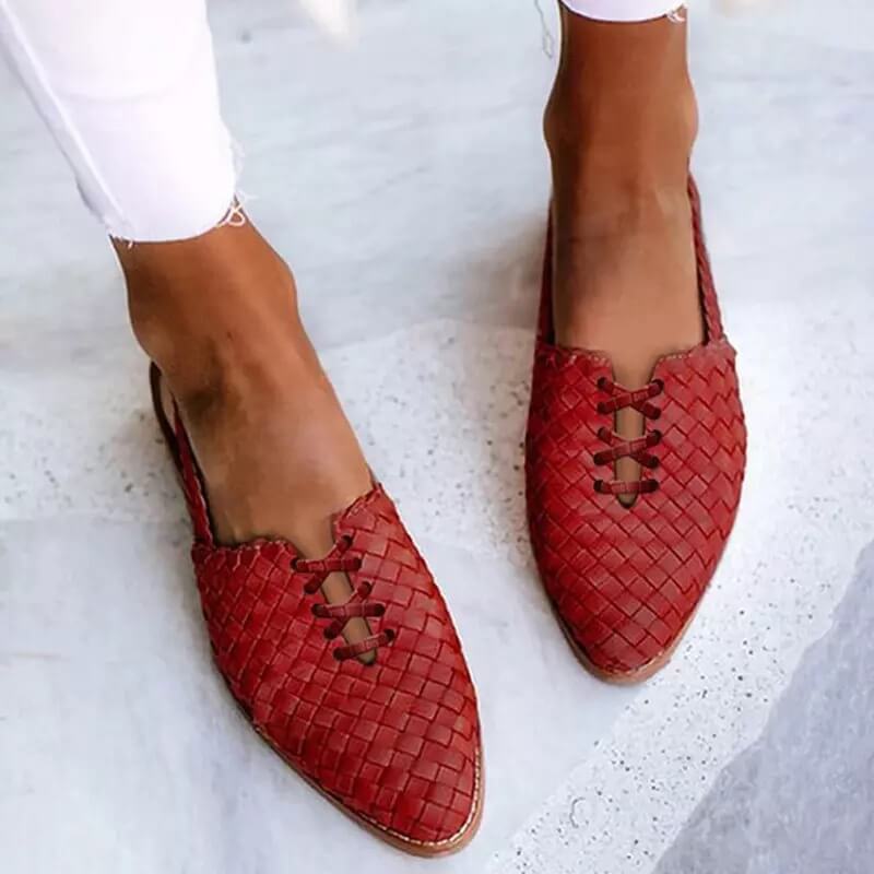 Woven Leather Pointed Toe Lace Up Flat Loafer