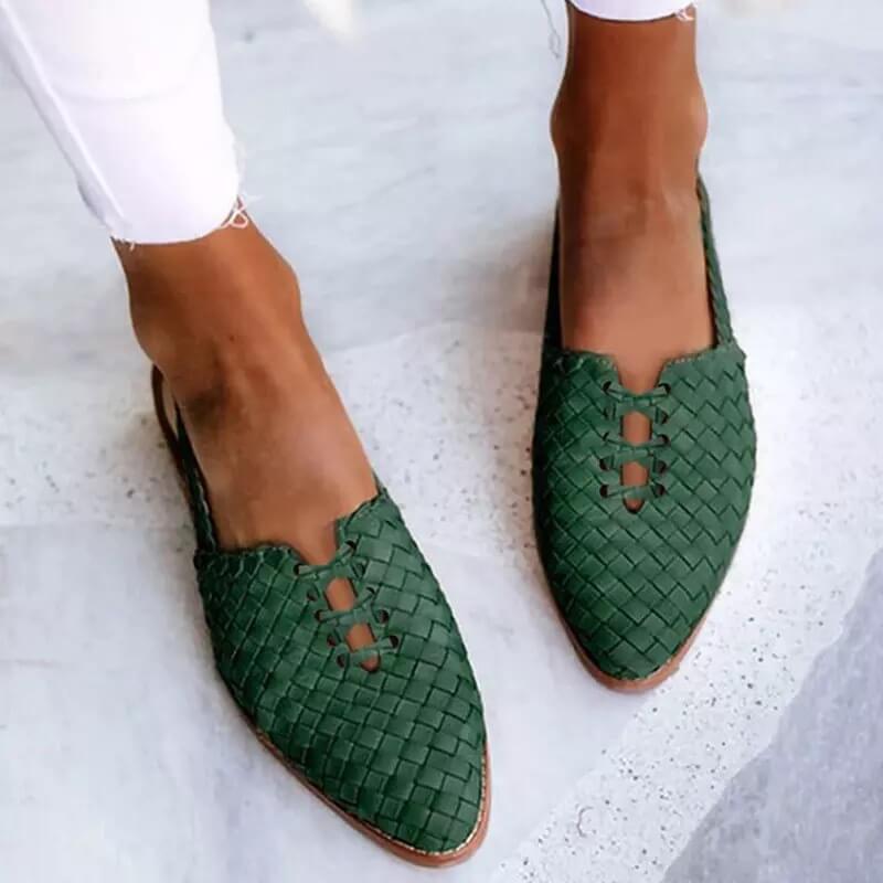 Woven Leather Pointed Toe Lace Up Flat Loafer