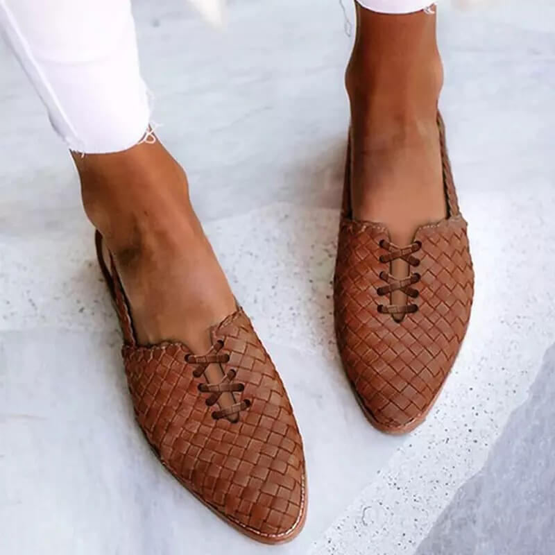 Woven Leather Pointed Toe Lace Up Flat Loafer