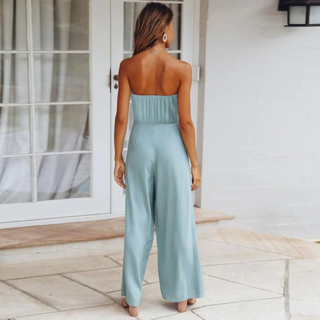 Strapless Bandeau Tie Waist Flowy Wide Leg Jumpsuit