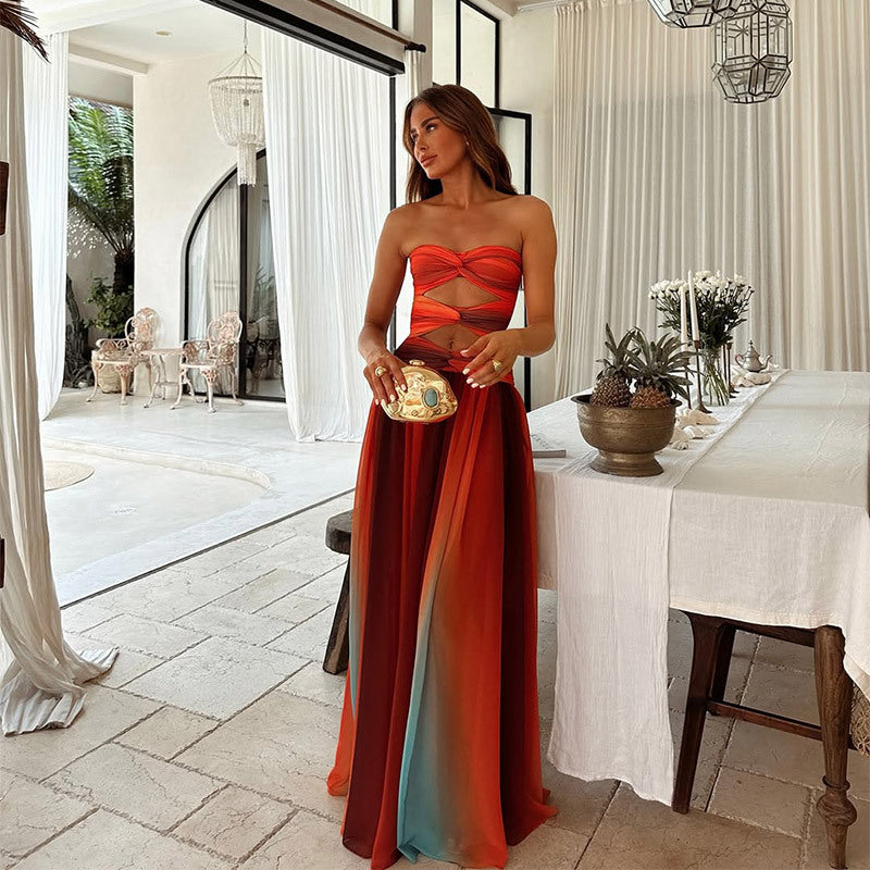 Ombre Cut Out Twist Strapless Maxi Dress - Evening Gown