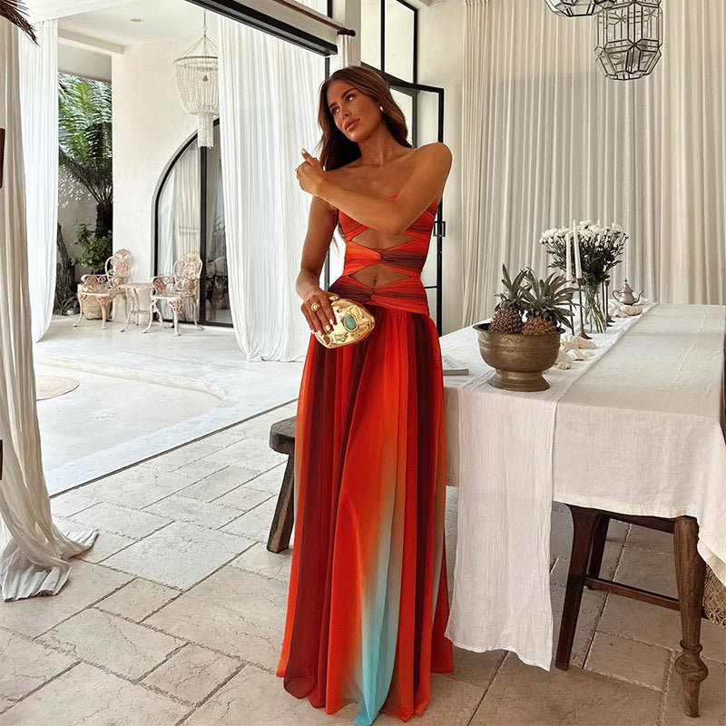 Ombre Cut Out Twist Strapless Maxi Dress - Evening Gown